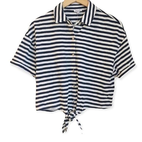 SPLENDID Navy Striped Relaxed Tie Front Cropped Top SMALL Casual $108 NWT - Picture 1 of 7